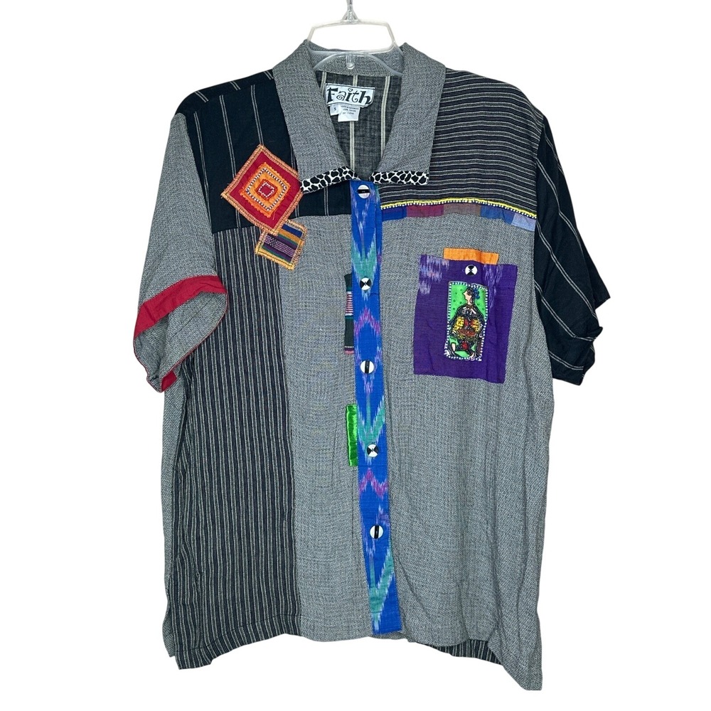 Faith VTG Patchwork‎ Shirt Bohemian Oversized Festival Hippie Colorful Rayon S